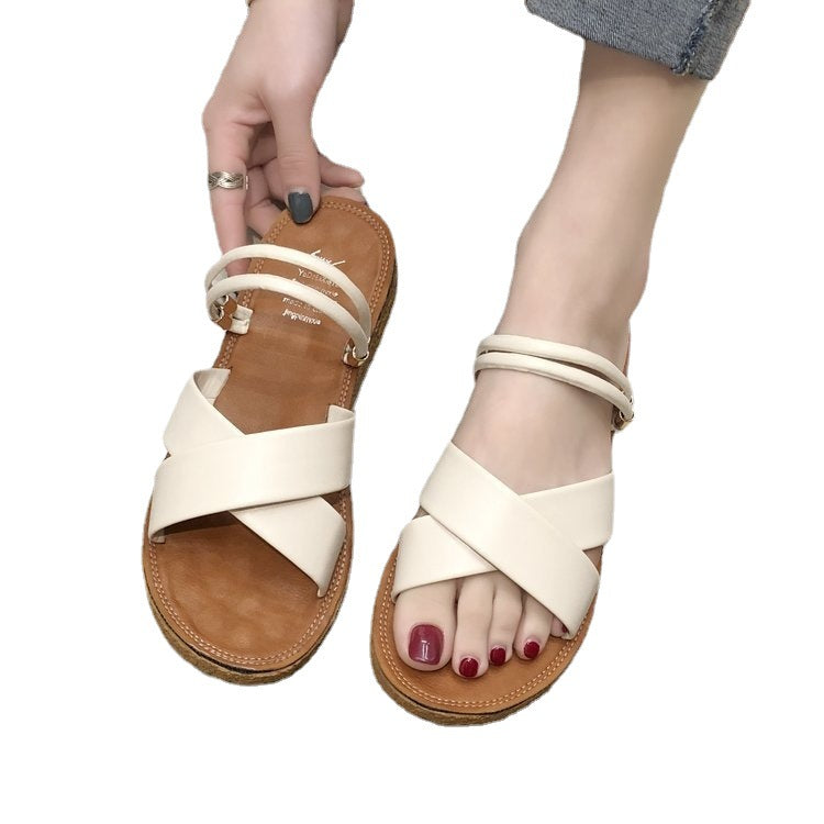 Ladies' flat sandals with crossed padded straps, triple elastic heel strap, and ergonomic cork sole Mune Fashion