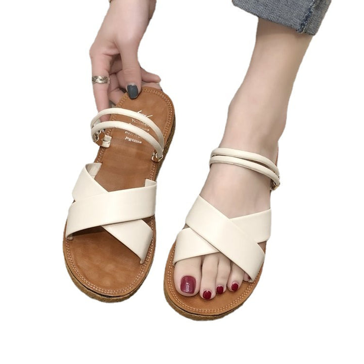 Ladies' flat sandals with crossed padded straps, triple elastic heel strap, and ergonomic cork sole Mune Fashion