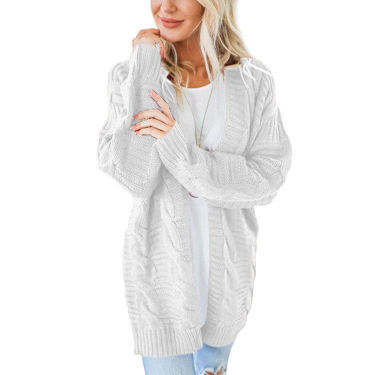 Women's long oversized knitted cardigan with cable pattern and V-neck Mune Fashion