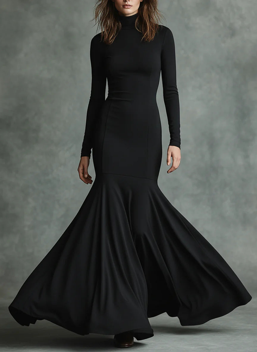 Women Elegant Long Sleeve Maxi Dress with High Neck and Flowing Skirt Mune