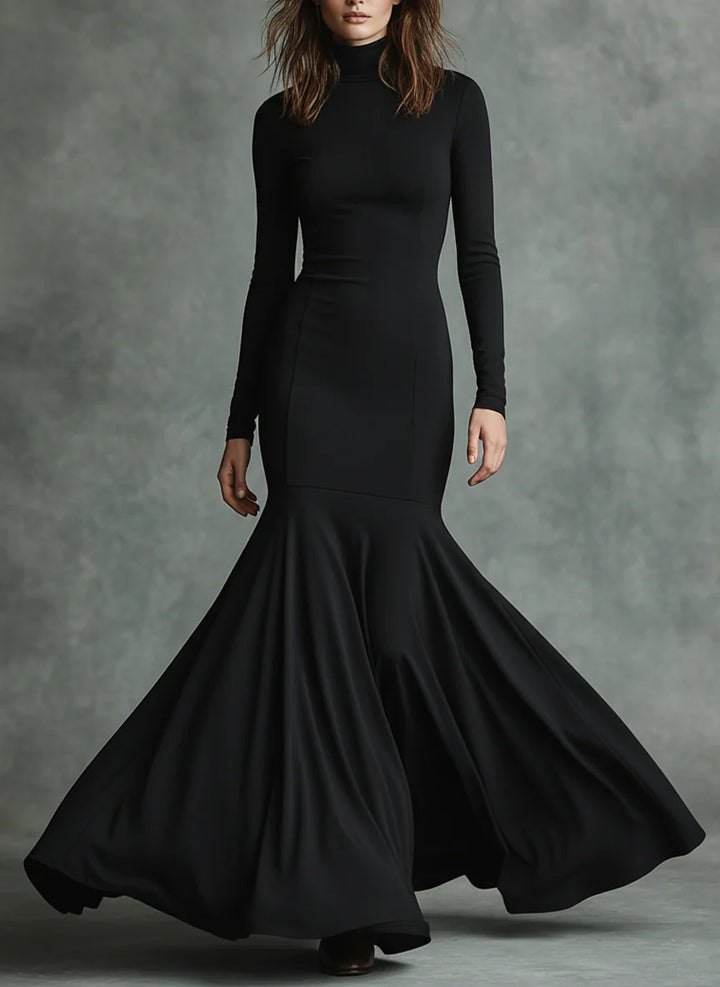 Women Elegant Long Sleeve Maxi Dress with High Neck and Flowing Skirt Mune