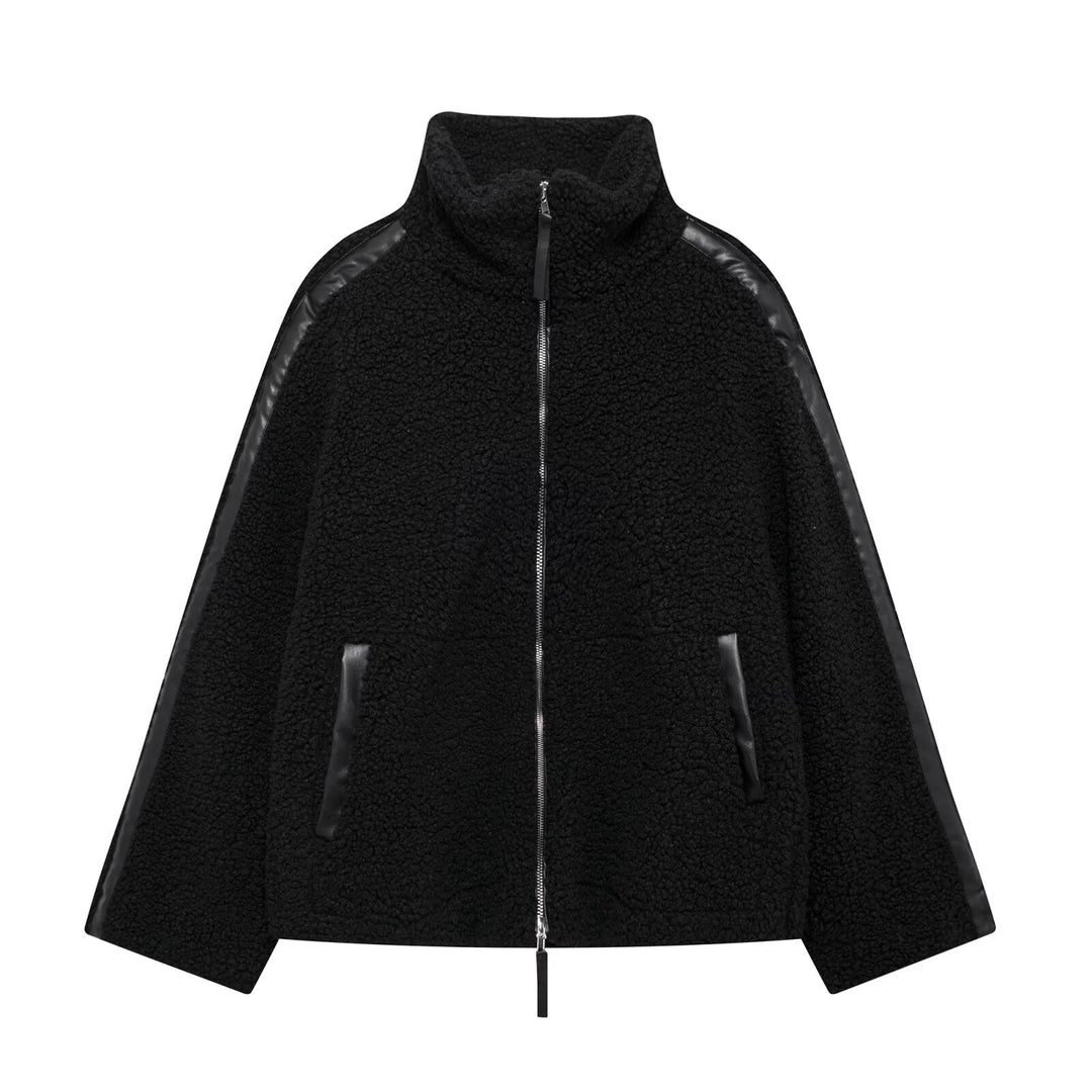 Women's Teddy Fleece Jacket with Stand-up Collar and Leather-Look Details Mune Fashion
