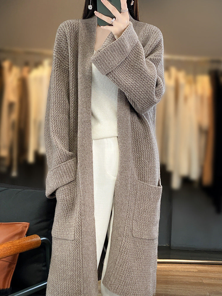 Women Long Oversized Knit Cardigan with Structure Pattern and Insert Pockets Mune Fashion