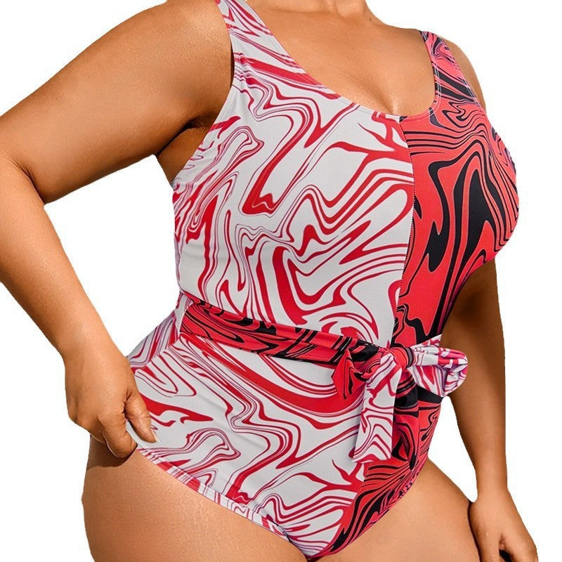 Women's One-Piece Swimsuit with Exciting Marble Pattern and Shaping Belt Mune Fashion