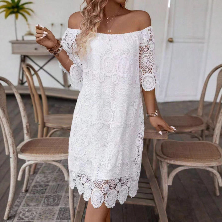 Women's off-shoulder crochet midi dress with sweetheart neckline and floral lace trim Mune Fashion