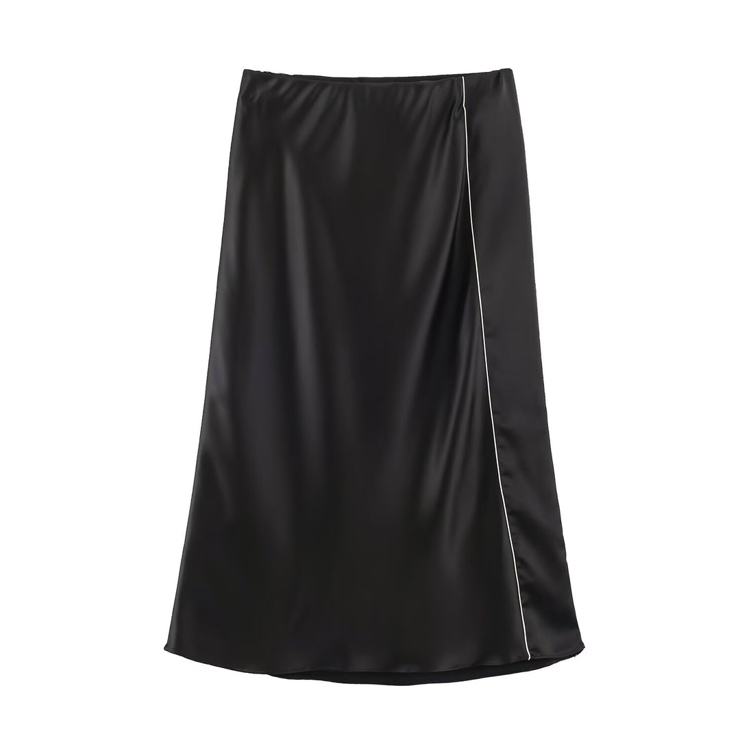 Ladies Satin Midi Skirt with Side Overlap and Contrast Piping Drune