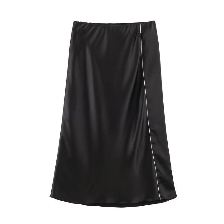 Ladies Satin Midi Skirt with Side Overlap and Contrast Piping Drune