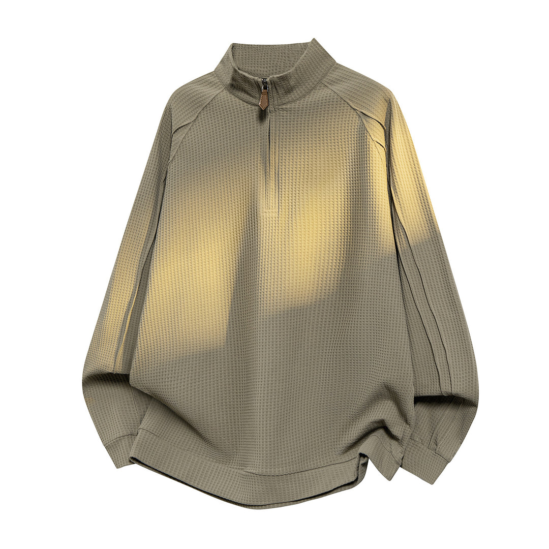 Unisex Waffle Structure Half-Zip Pullover with Stand-Up Collar and Oversized Cut Drune