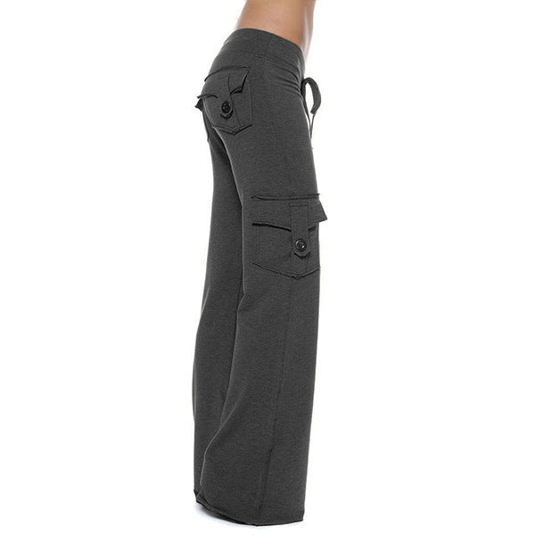 Women's casual low-rise cargo lounge pants with wide leg, wide comfort waistband, and decorative flap pockets Mune Fashion