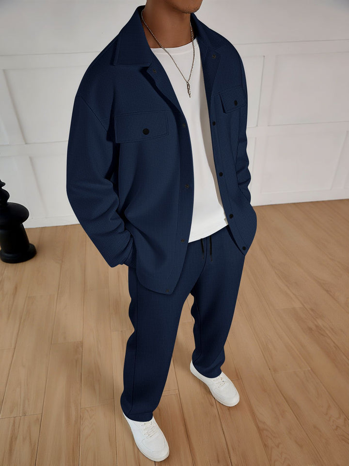 Men's two-piece overshirt lounge set with patch flap pockets, drawstring pants, and fine waffle texture Mune Fashion