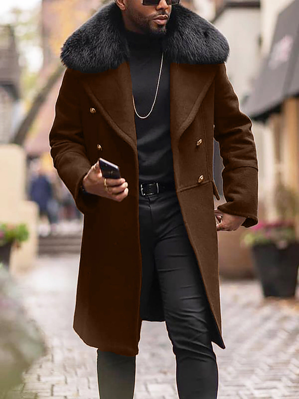 Men's Double-Breasted Wool Coat with Large Faux Fur Collar Mune Fashion