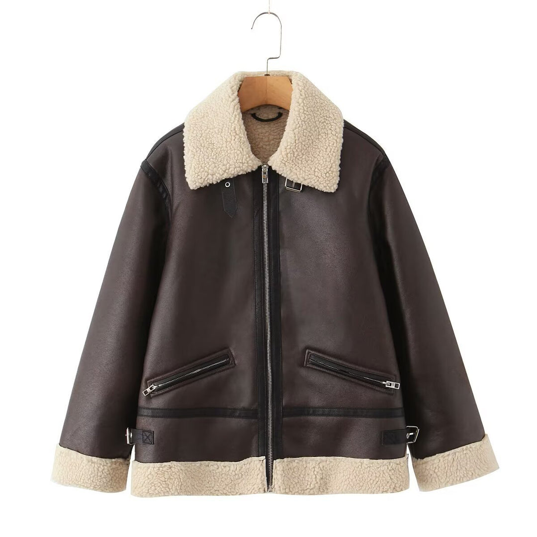 Women's Oversize Pilot Jacket made of Faux Leather with Teddy Collar and Zipper Pockets Mune Fashion
