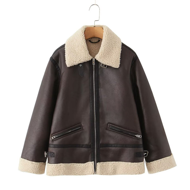 Women's Oversize Pilot Jacket made of Faux Leather with Teddy Collar and Zipper Pockets Mune Fashion