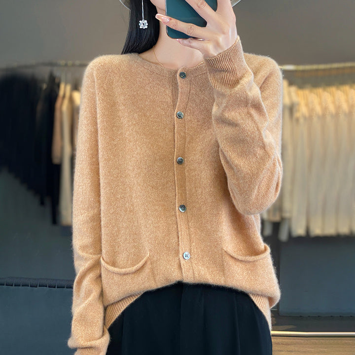 Women's Long Fine Knit Cardigan with Round Neck, In-seam Pockets and Alpaca Mix Mune Fashion