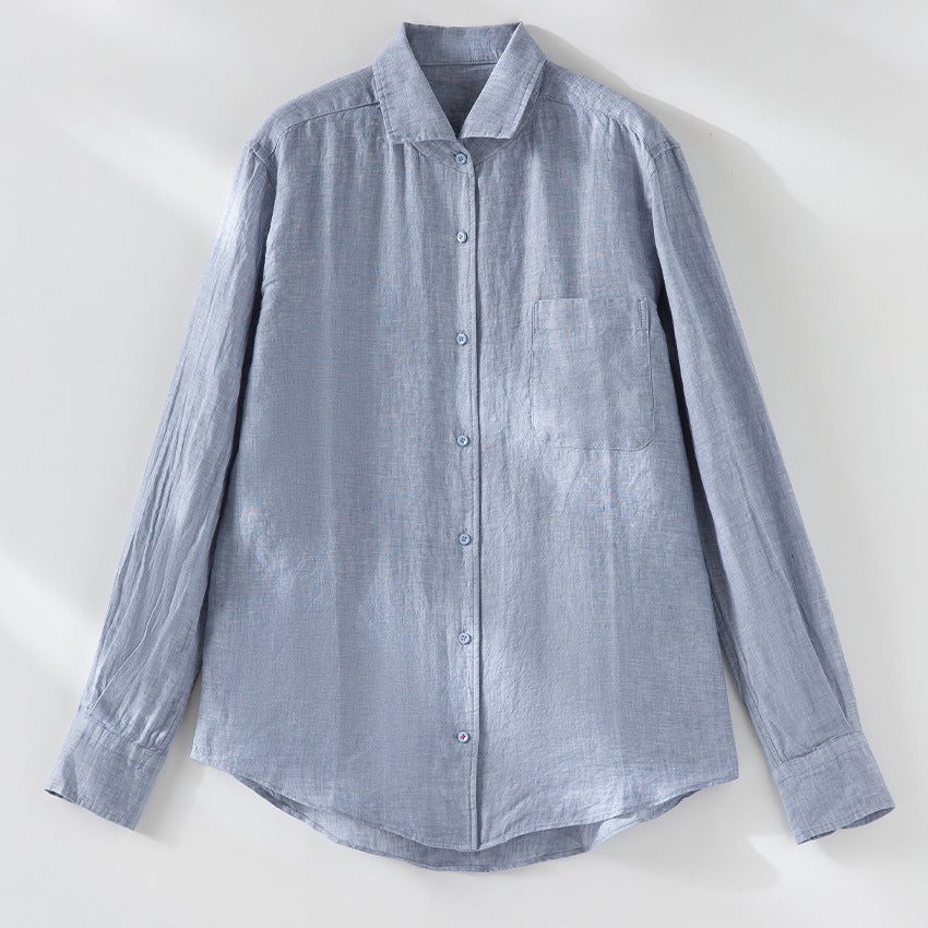Men's Vintage Washed Linen Shirt with Chest Pocket and Rounded Hem Mune Fashion