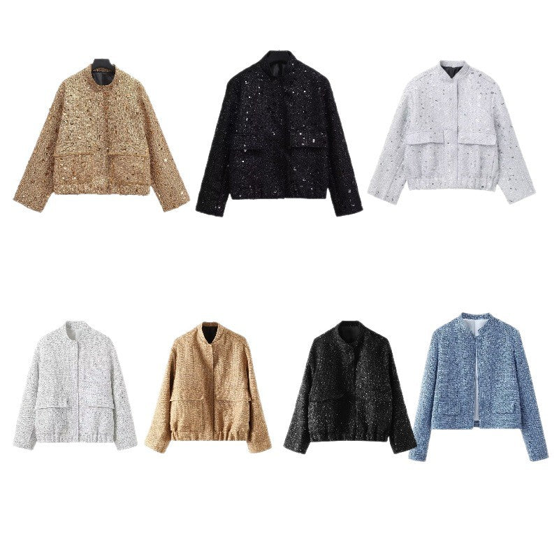Women's embellished bouclé bomber jacket with sequins and rhinestones Mune Fashion