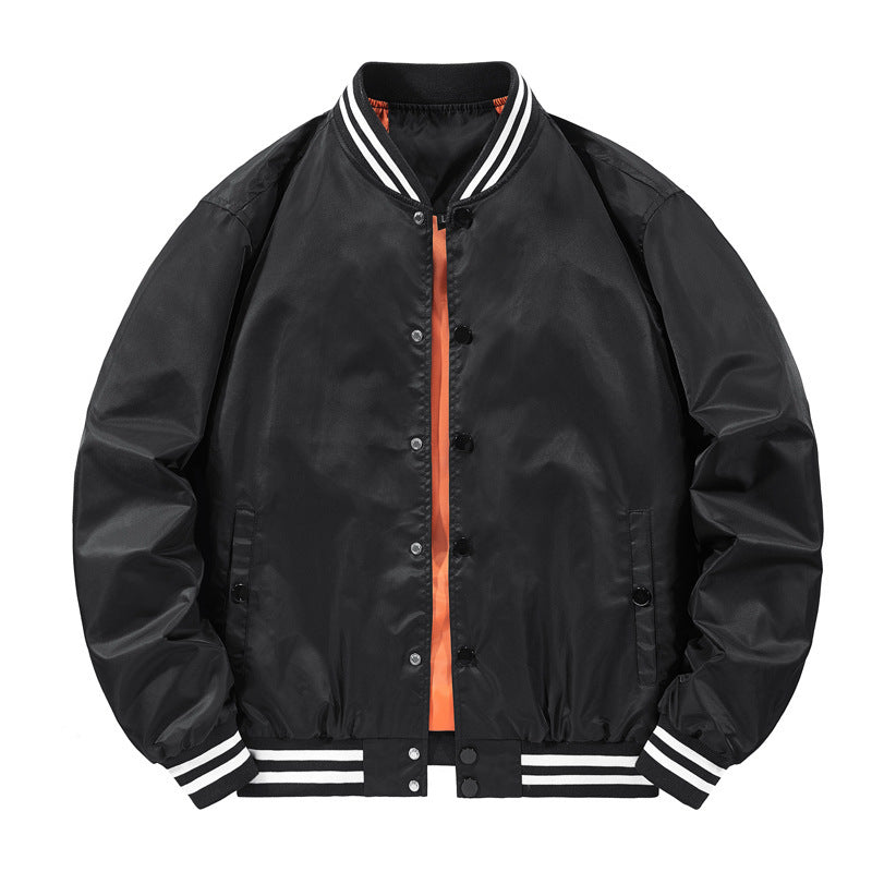 Men's Lightweight College Bomber with Striped Ribbed Collar, Snap Button Front, and Contrasting Inner Lining Mune Fashion