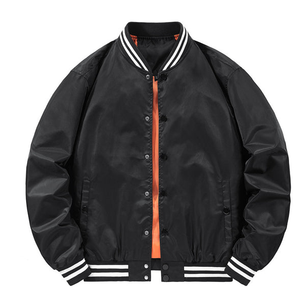 Men's Lightweight College Bomber with Striped Ribbed Collar, Snap Button Front, and Contrasting Inner Lining Mune Fashion