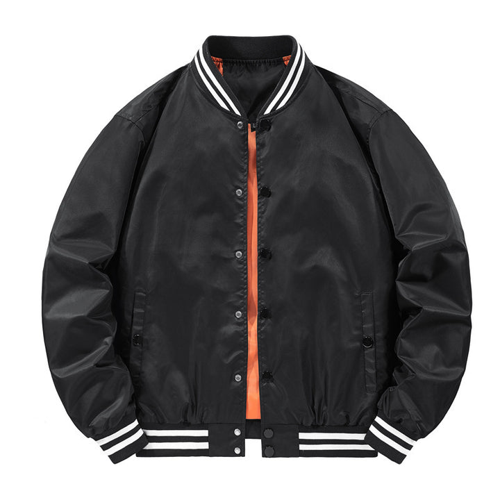 Men's Lightweight College Bomber with Striped Ribbed Collar, Snap Button Front, and Contrasting Inner Lining Mune Fashion