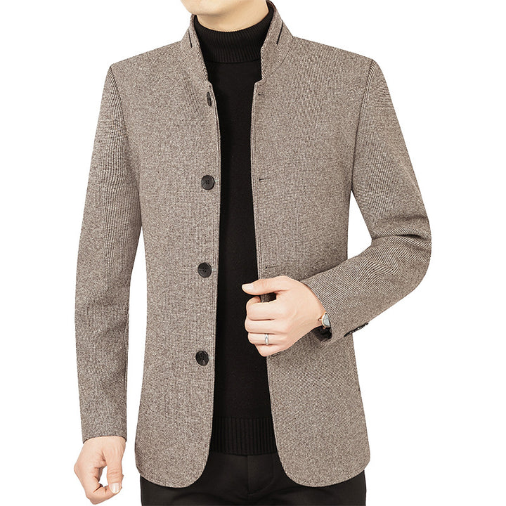 Men's modern tailored coat with stand-up collar and button placket made of wool blend Mune Fashion