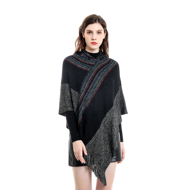 Women's Hooded Poncho in Chunky Knit with Fringe Hem Mune Fashion