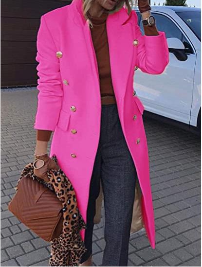 Women tailored double-breasted wool blend coat with gold decorative buttons and knee-length silhouette Mune Fashion