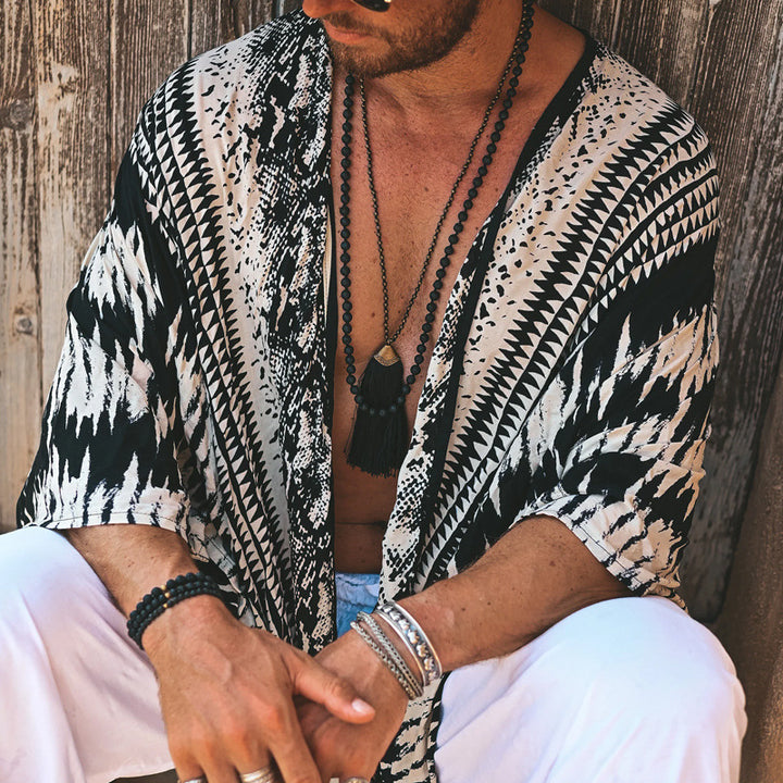 Men's Lightweight Ethno Beach Kaftan with V-Neck and Fringes Mune Fashion