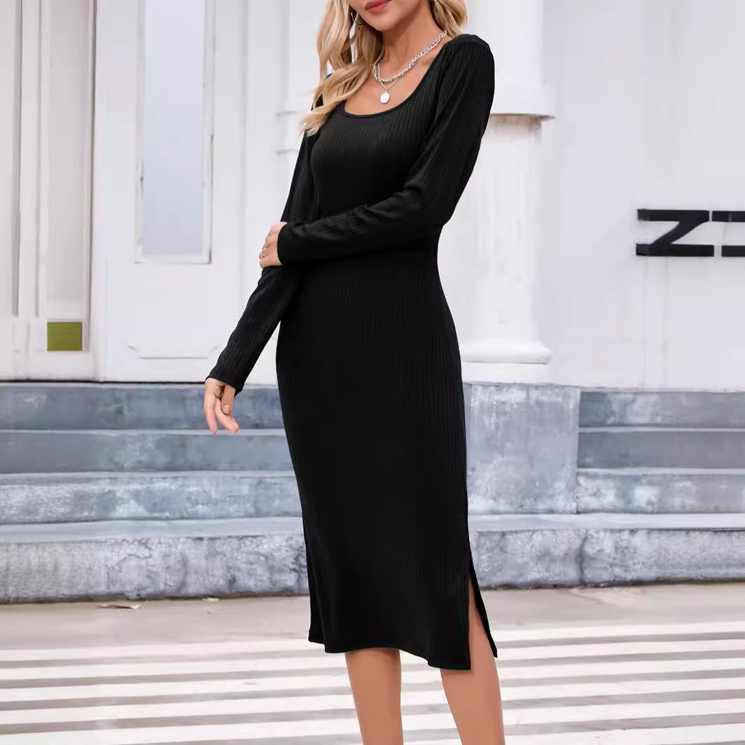 Women Fitted Long Sleeve Dress in Rib Design Mune Fashion
