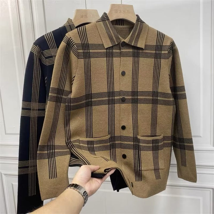 Men's Lightweight Knit Transitional Shirt Jacket with Check Pattern and Patch Pockets Mune Fashion