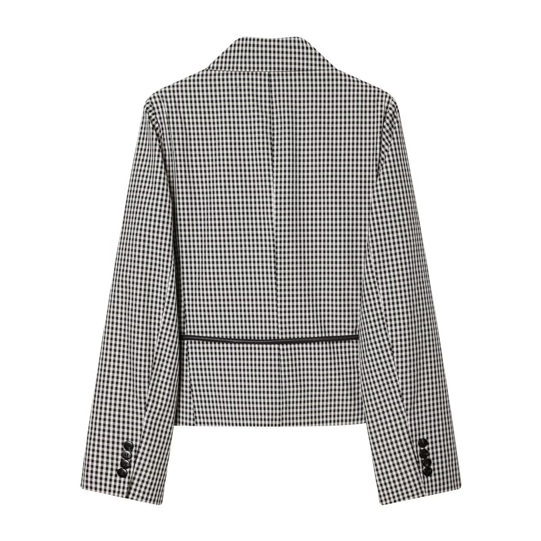 Women's Short Blazer Double-Breasted in Vichy Check with Drawstring Waist Mune Fashion