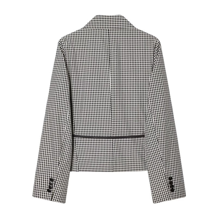 Women's Short Blazer Double-Breasted in Vichy Check with Drawstring Waist Mune Fashion