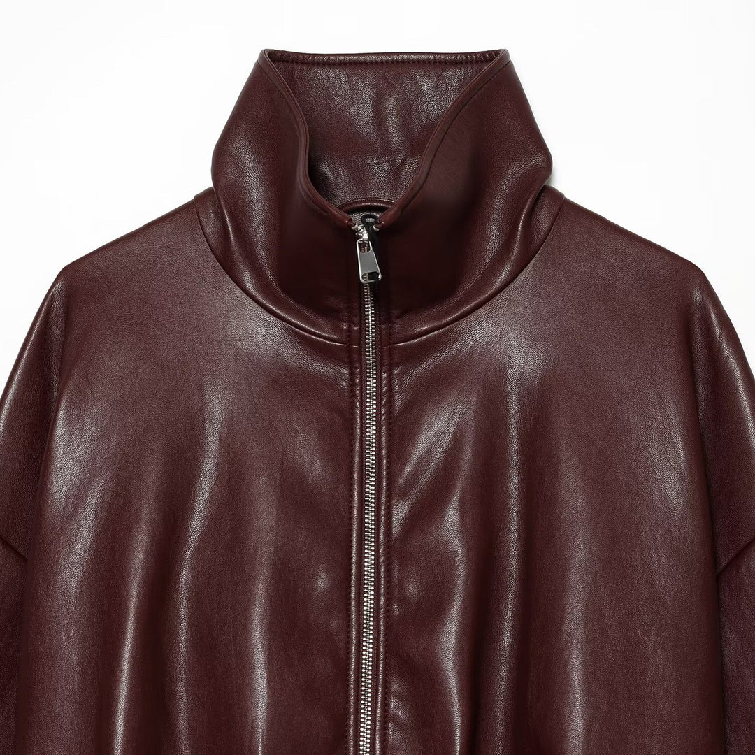 Women's Cropped Boxy Bomber Jacket in shiny leather look with high funnel collar Mune Fashion