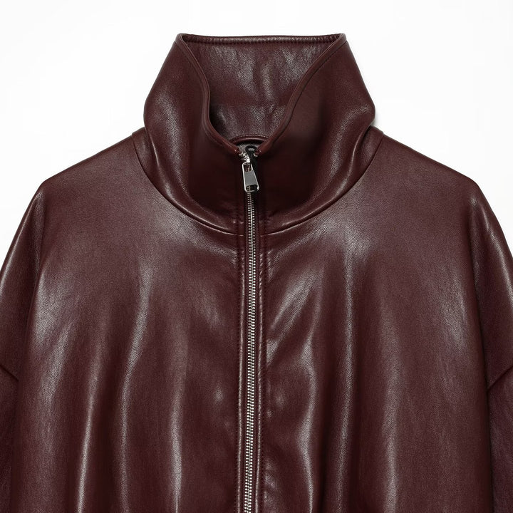 Women's Cropped Boxy Bomber Jacket in shiny leather look with high funnel collar Mune Fashion