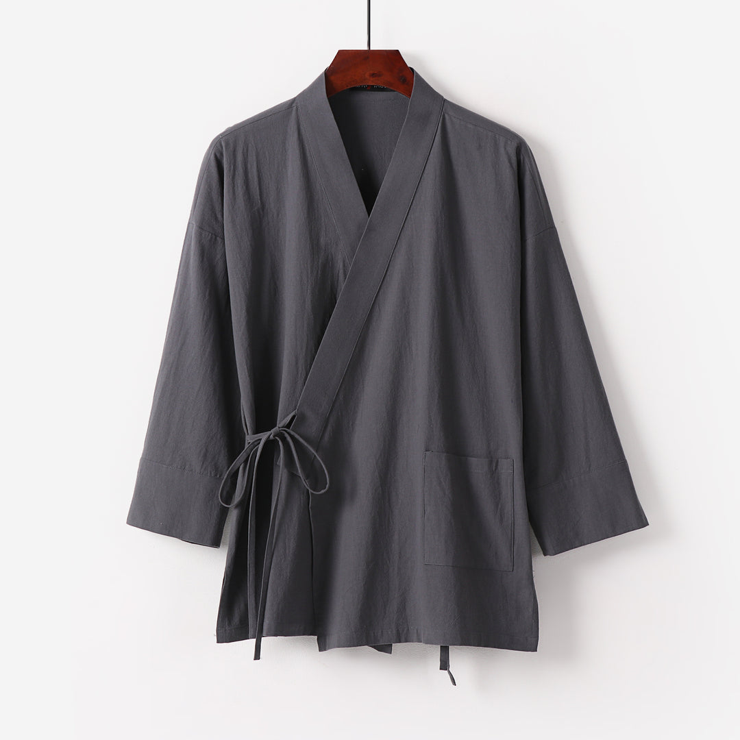 Ladies Kimono Cardigan made of cotton-linen with three-quarter sleeves, tie belt and patch pockets Mune Fashion