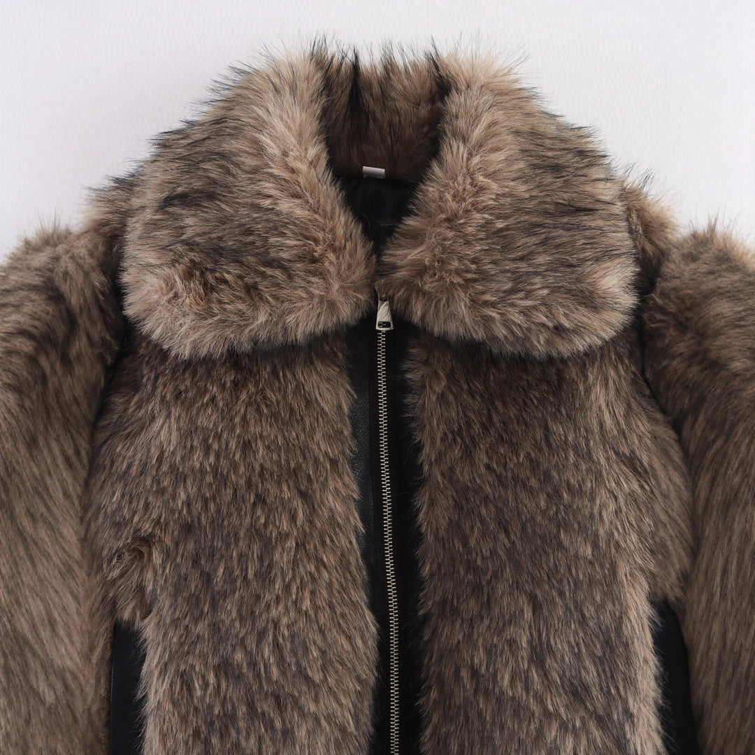 Women's Short Faux-Fur Bomber Jacket with Zip and Ribbed Hem Mune Fashion
