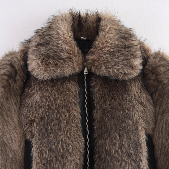 Women's Short Faux-Fur Bomber Jacket with Zip and Ribbed Hem Mune Fashion