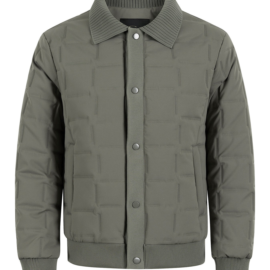 Men's short-cut quilted bomber jacket with ribbed collar, snap button placket, and geometric quilt Mune Fashion