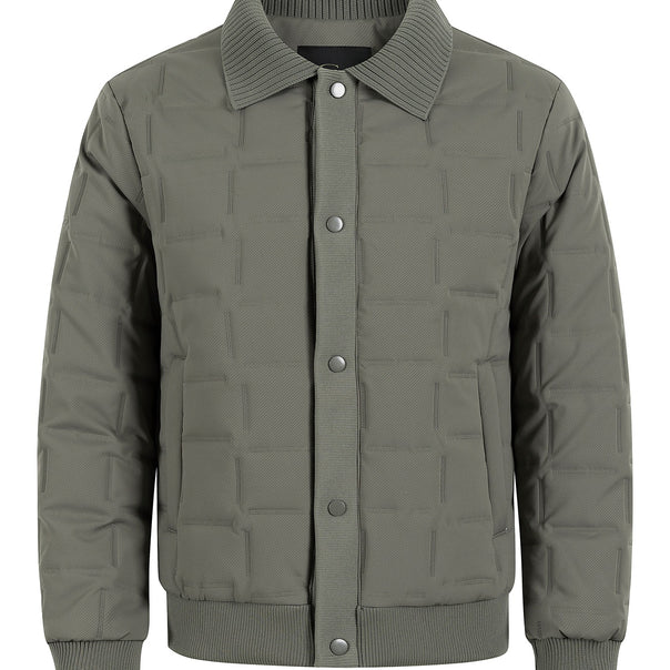 Men's short-cut quilted bomber jacket with ribbed collar, snap button placket, and geometric quilt Mune Fashion