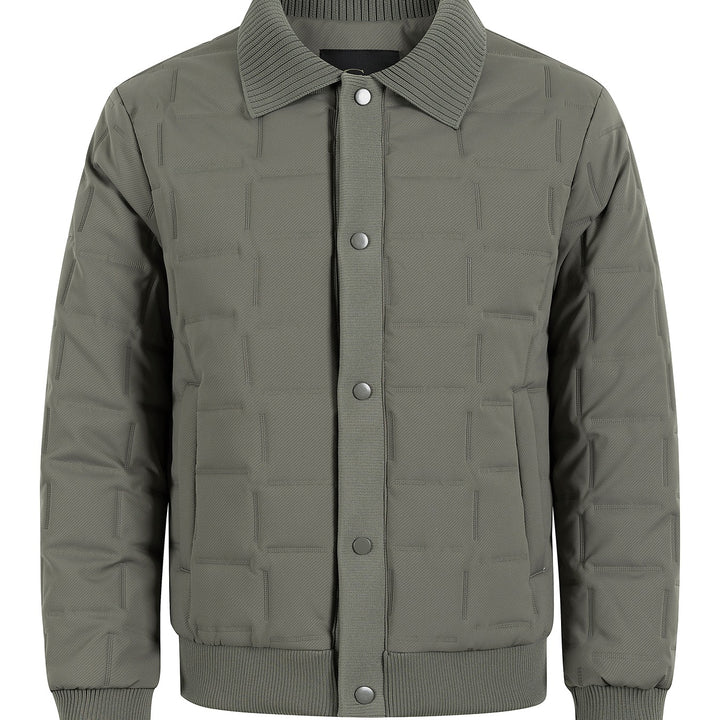Men's short-cut quilted bomber jacket with ribbed collar, snap button placket, and geometric quilt Mune Fashion