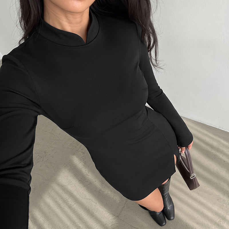 Women Elegant Dress with Stand Collar and Long Sleeve Mune Fashion