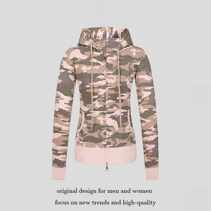 Women's hoodie sweatshirt jacket with two-way zipper, camouflage print and rhinestone butterfly Mune Fashion