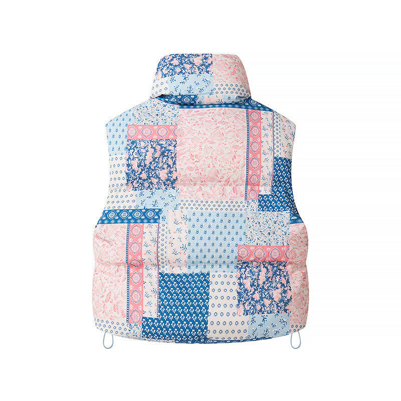 Women short cut quilted vest with stand-up collar and floral pattern Mune Fashion