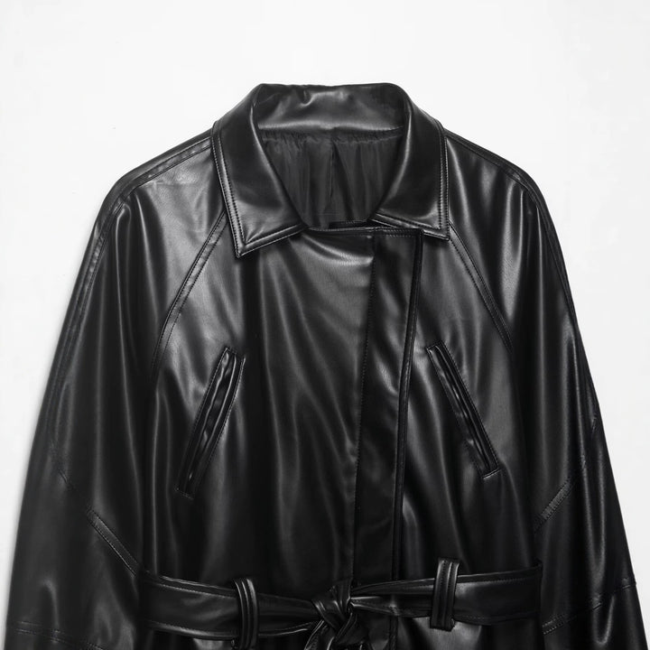 Women Short Leather Look Trench Coat with Waist Belt and Dolman Sleeves Mune Fashion