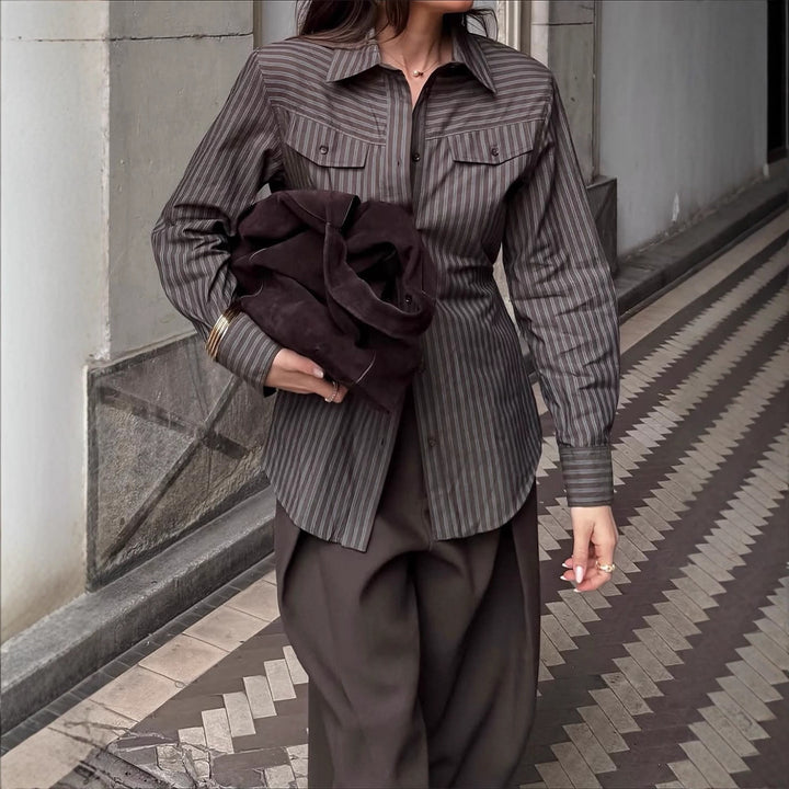 Women's Tailored Striped Shirt Blouse with Breast Pockets and Extended Hem Mune Fashion