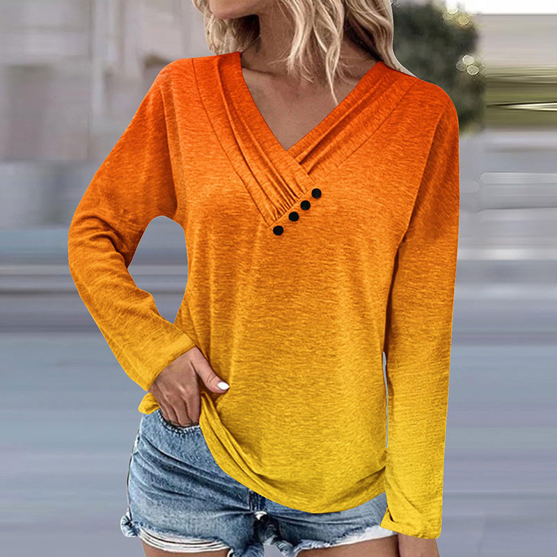 Women's Long Sleeve Ombre Viscose Shirt with V-Neck, Pleating and Decorative Buttons Mune Fashion