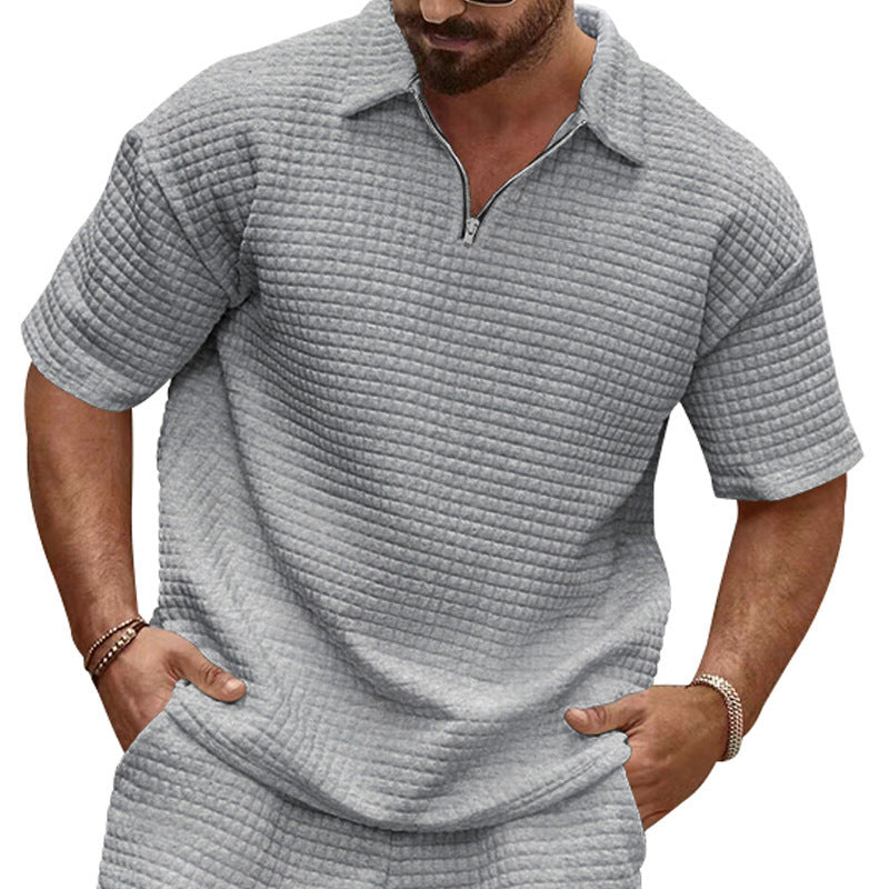 Men's polo collar ensemble with quilted box pattern, short front zipper and loose fit Mune Fashion