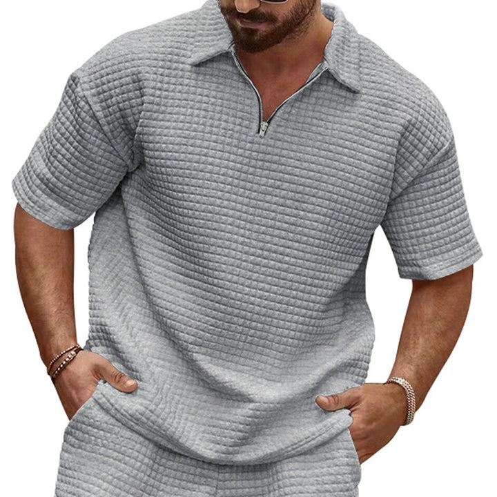 Men's polo collar ensemble with quilted box pattern, short front zipper and loose fit Mune Fashion