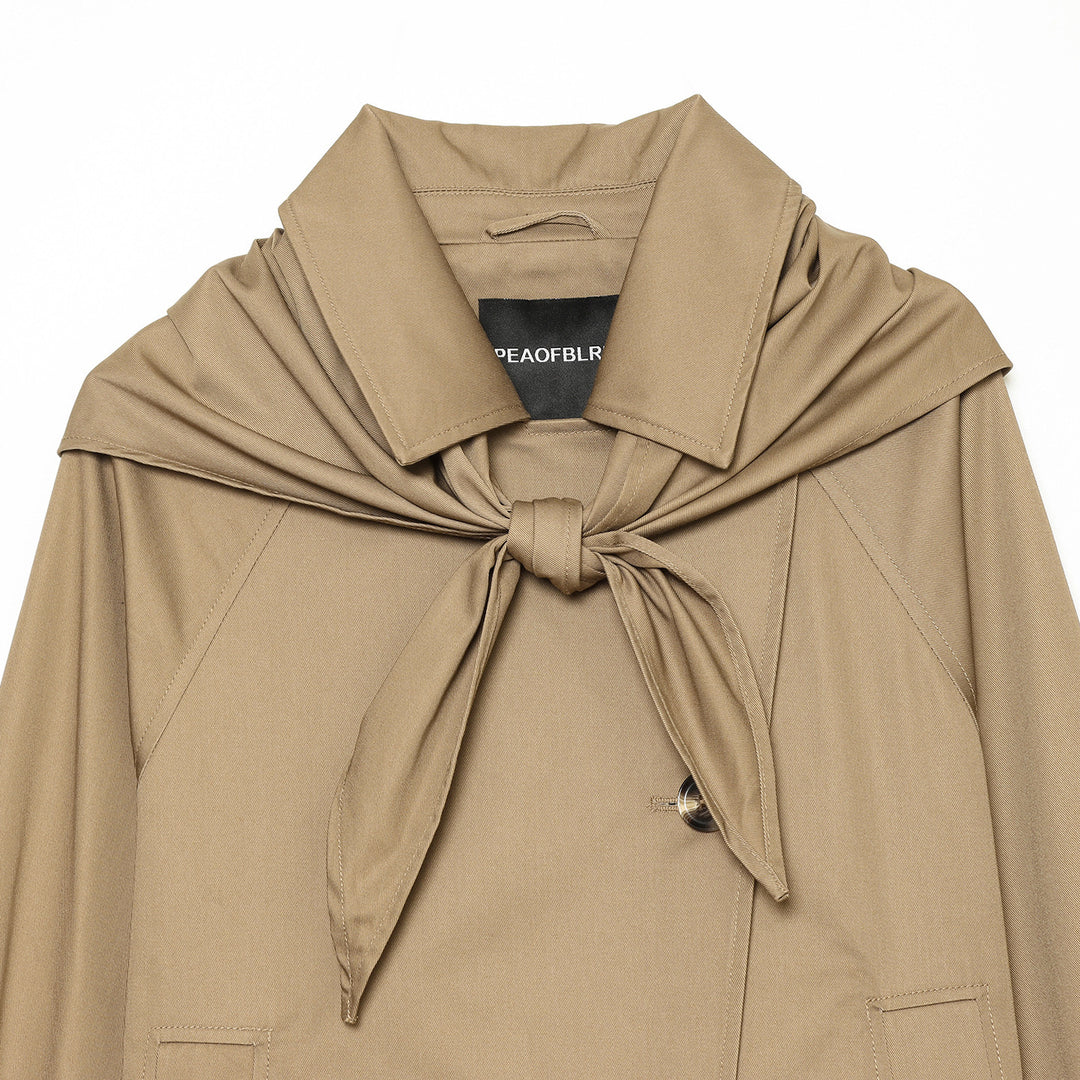 Women's Cropped Trench Cape Jacket with Bow Collar and Boxy Silhouette Mune Fashion