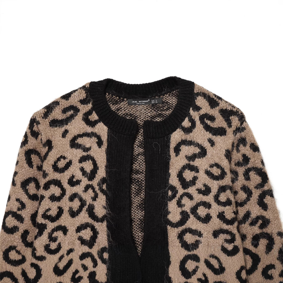Women's cozy leopard print cardigan with open front, ribbed cuffs and soft mohair effect Mune Fashion