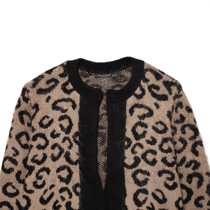 Women's cozy leopard print cardigan with open front, ribbed cuffs and soft mohair effect Mune Fashion